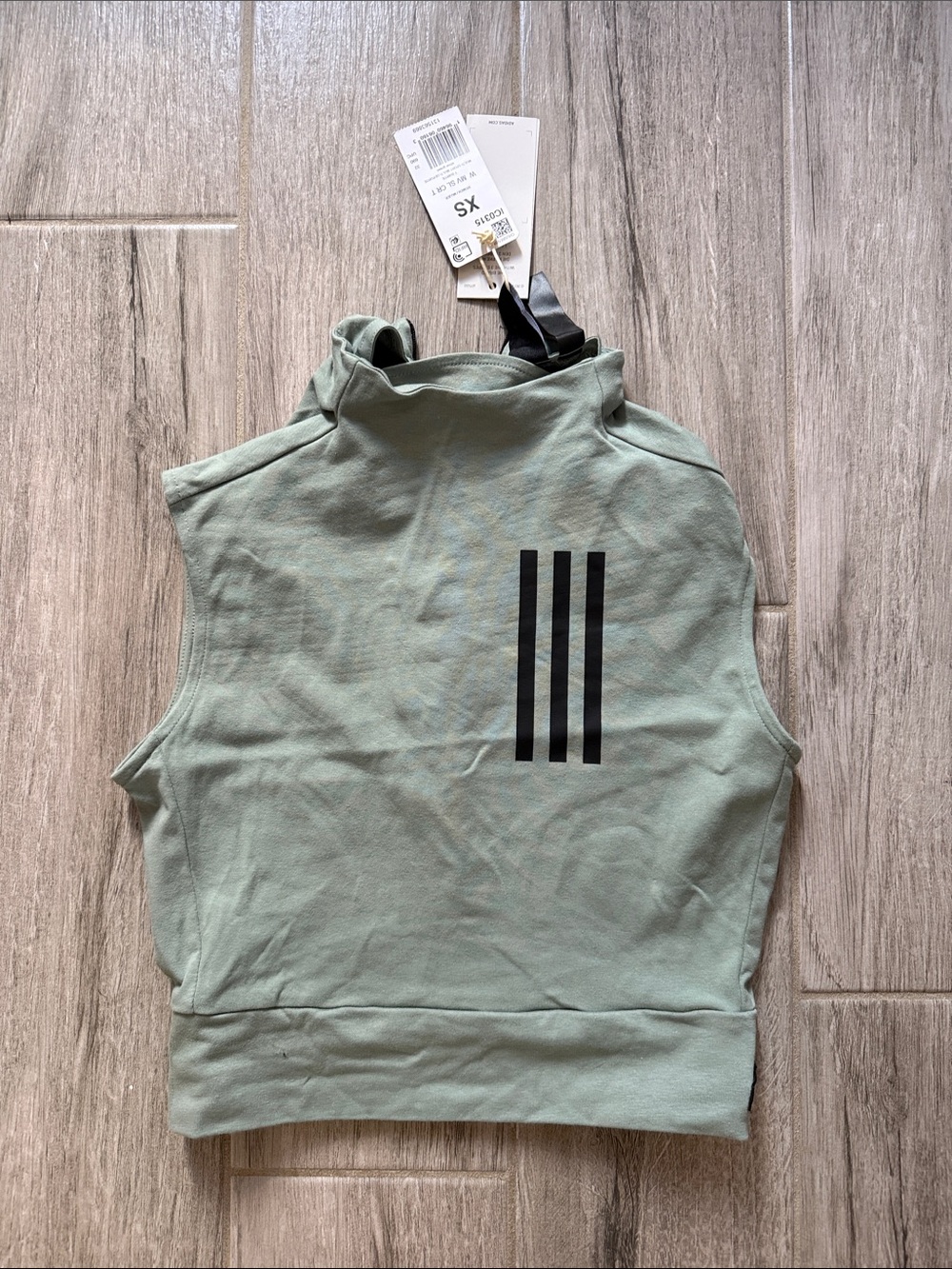 adidas Women’s Sage Green Sleeveless Crop Tank with Black 3-Stripes